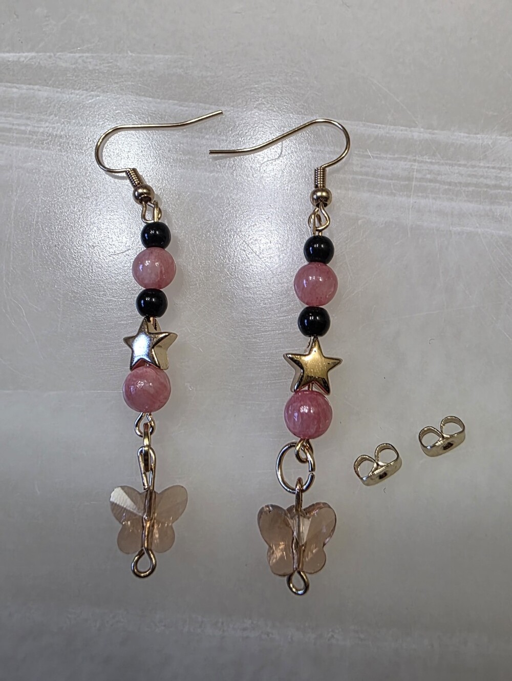 Handmade Quartz And Glass Gold Toned Dangle Earrings
